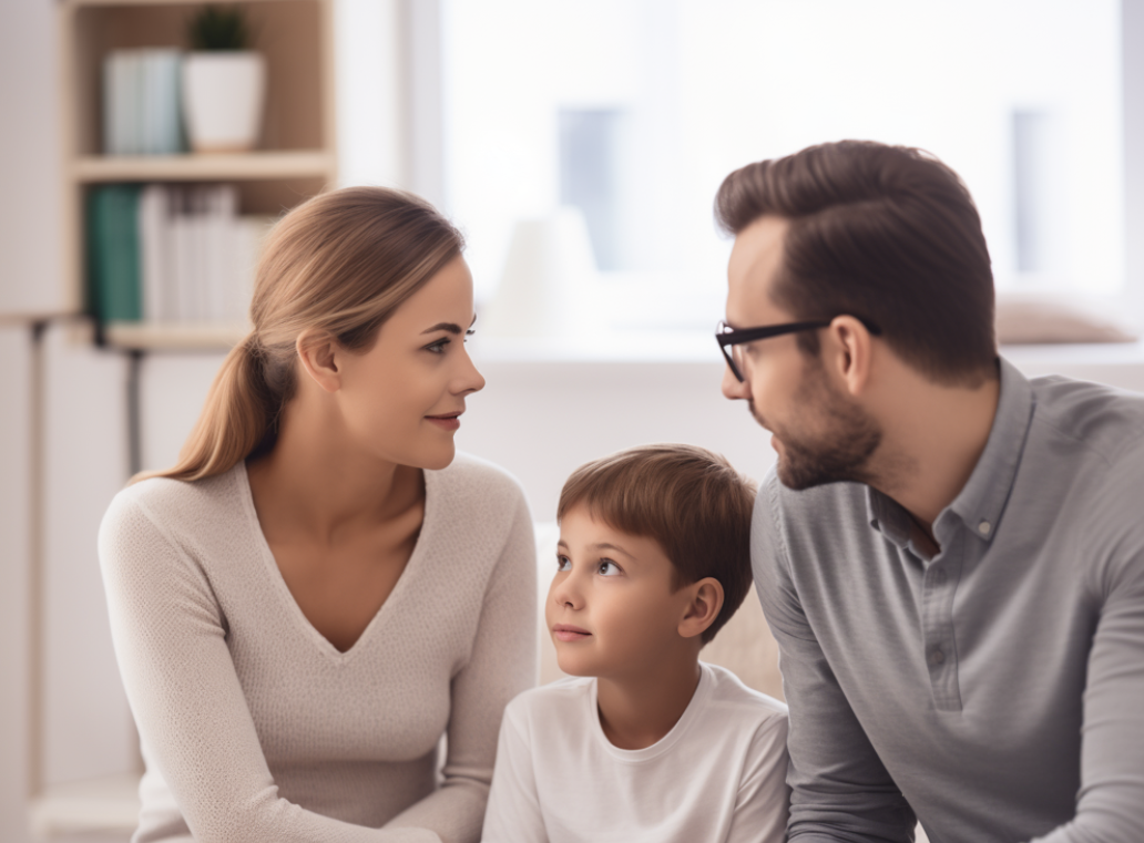 A family of three sitting and talking in the living room